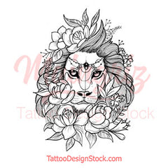 Lion flowers line work tattoo design high resolution download