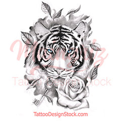 Tiger with key and rose tattoo designrealistic tiger with key and rose tattoo design