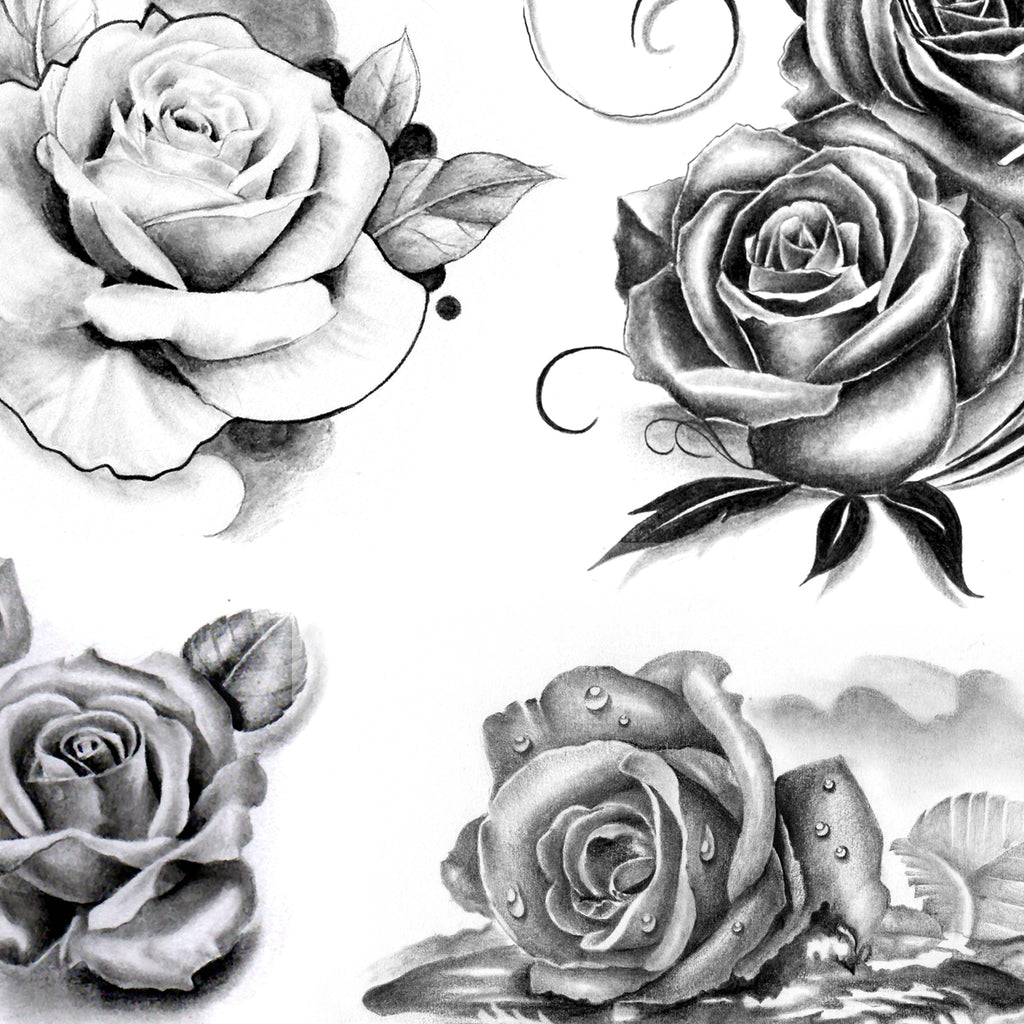 5 roses of tattoo designs in black and grey style. TattooDesignStock