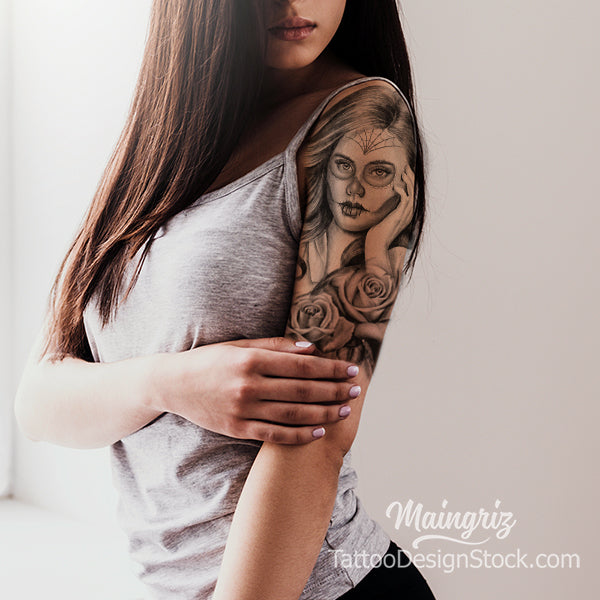 Beautiful Catrina Face With Rose Flower Tattoo Design