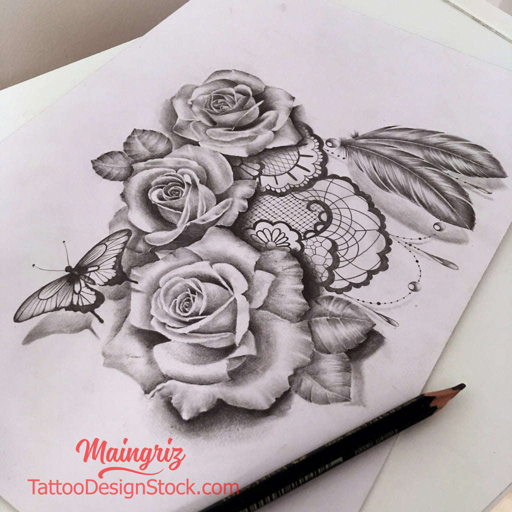 Roses with butterfly and feahters tattoo tattoo design ...