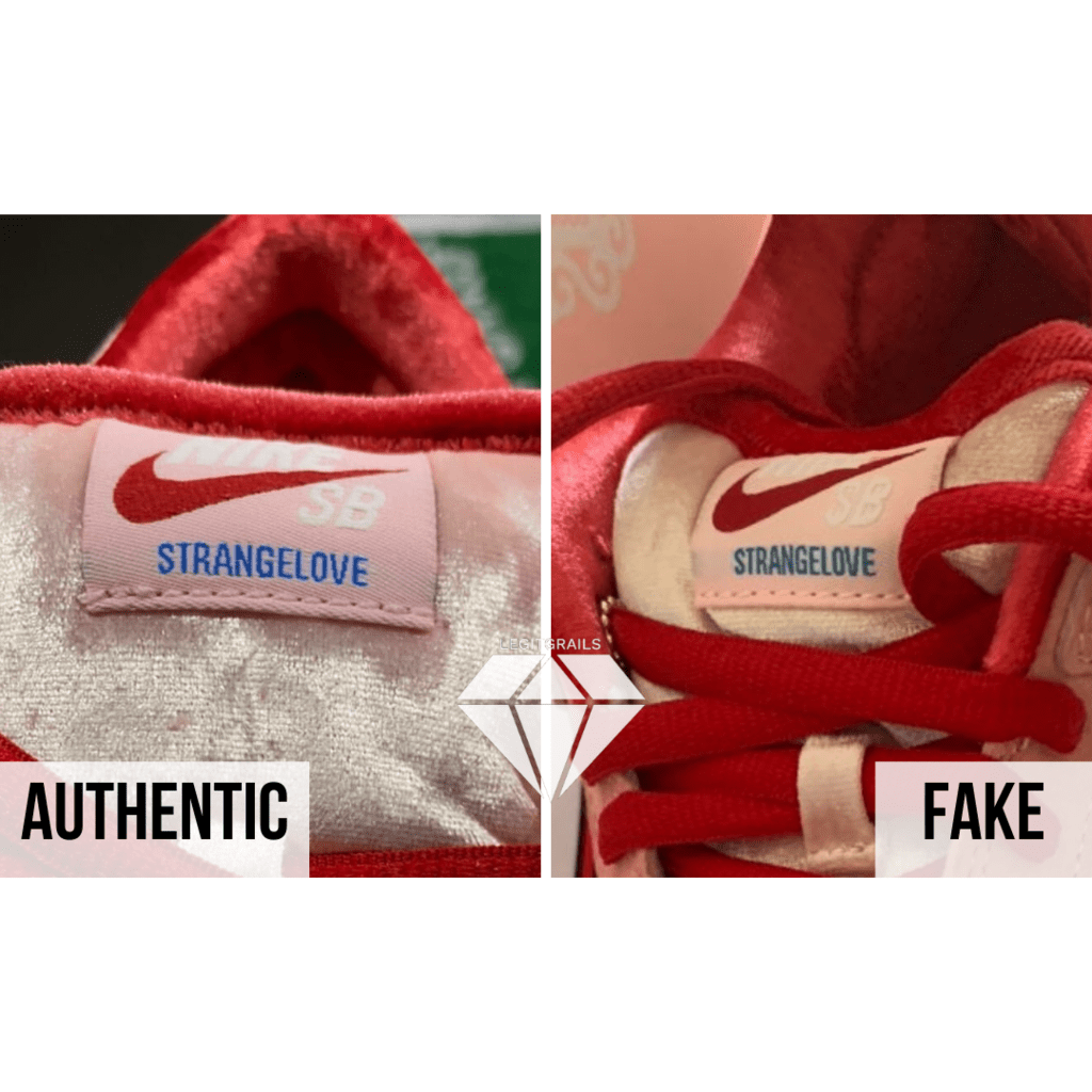 How to spot Fake Strangelove Skateboards x Nike SB Dunk Low: The Tongue Label Method