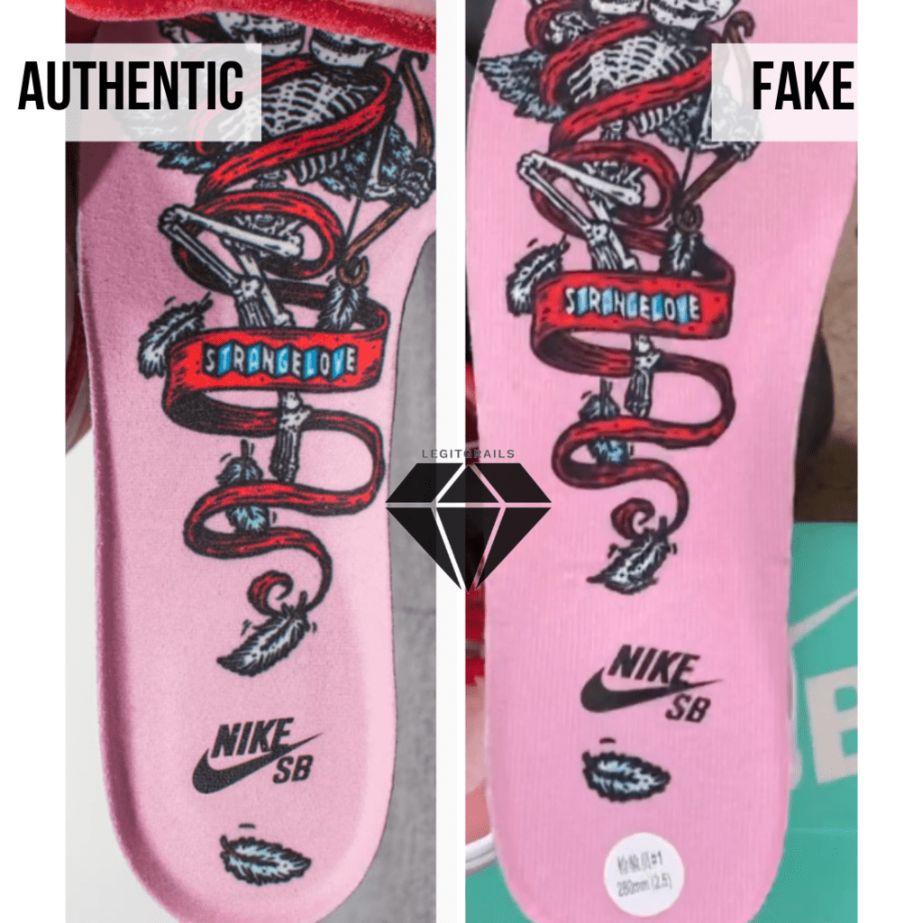 How to spot Fake Strangelove Skateboards x Nike SB Dunk Low: The Insole Method