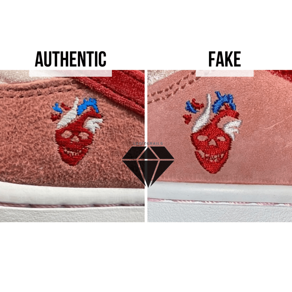 How to spot Fake Strangelove Skateboards x Nike SB Dunk Low: The StrangeLove Logo Stitching Method