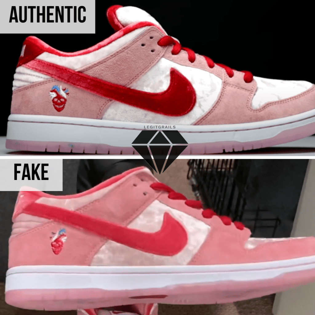 How to spot Fake Strangelove Skateboards x Nike SB Dunk Low: The outer swoosh method