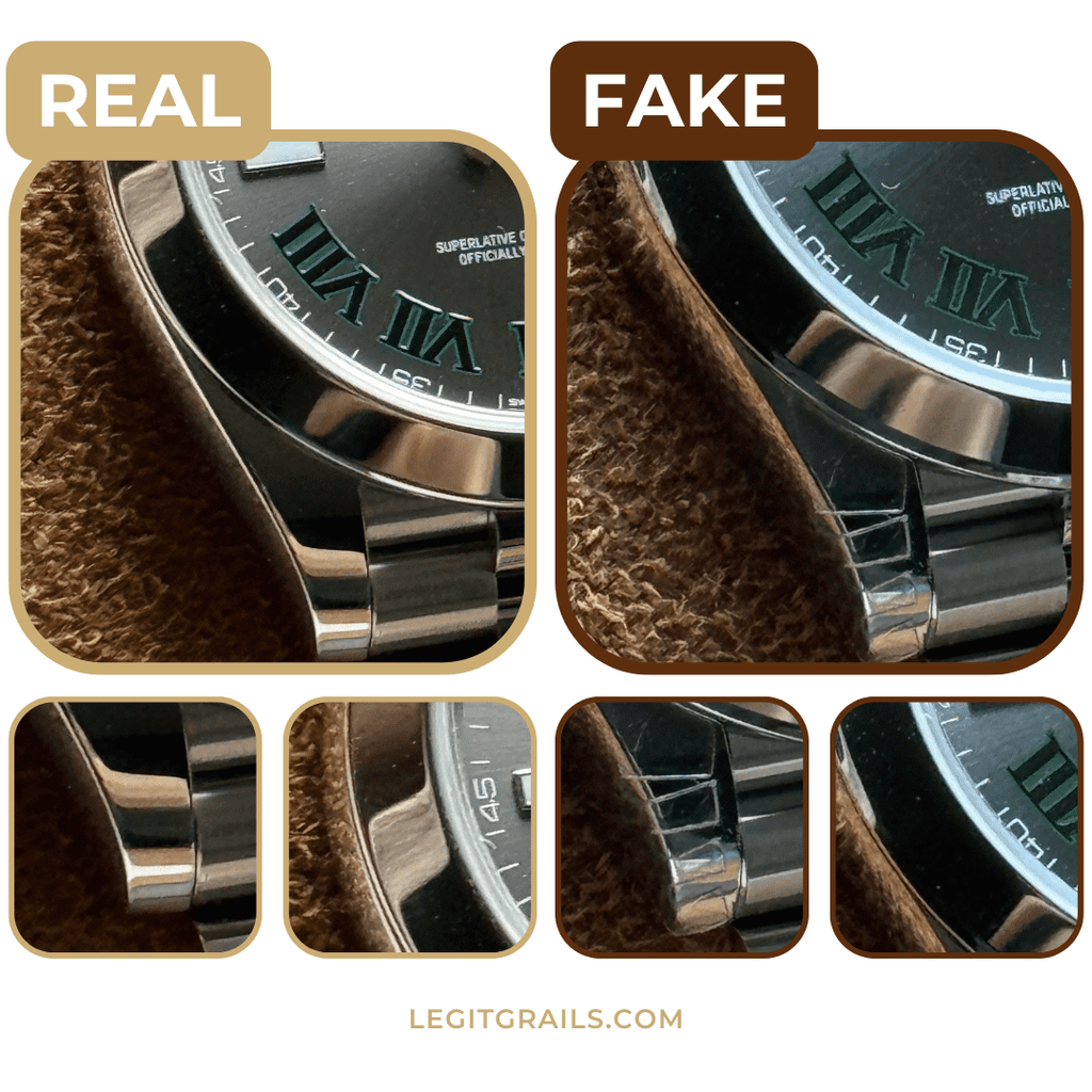 Close up comparison of real and fake watch