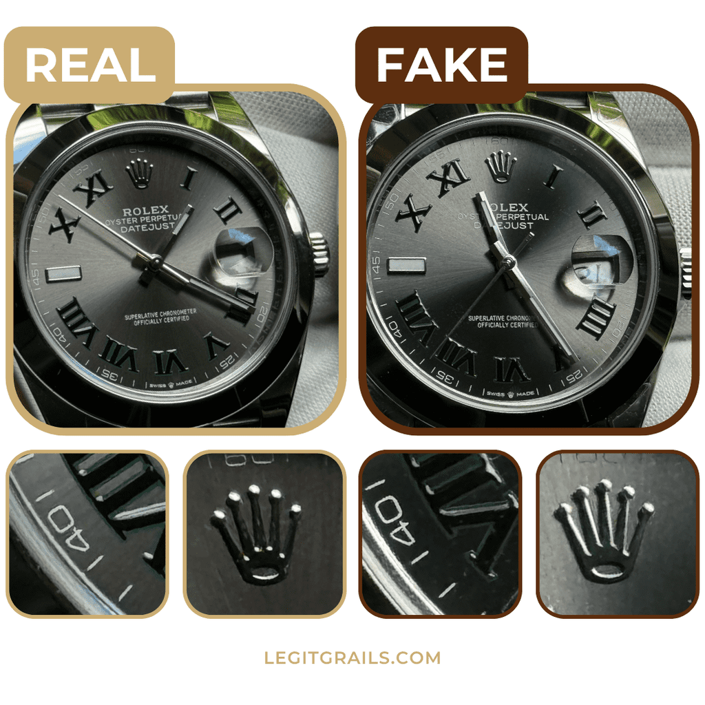 Real vs fake comparison of watch dial
