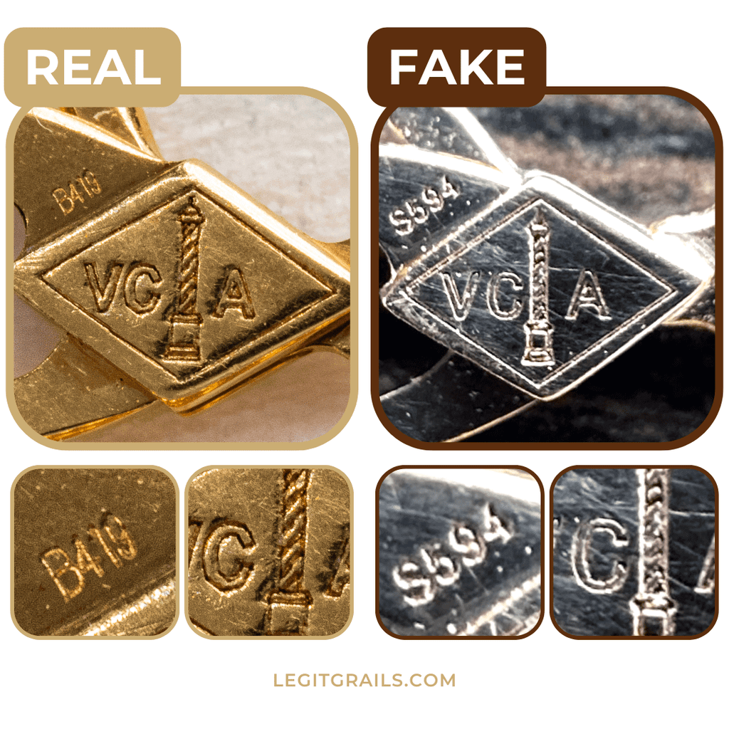 side-by-side comparison of real vs. fake Van Cleef jewelry
