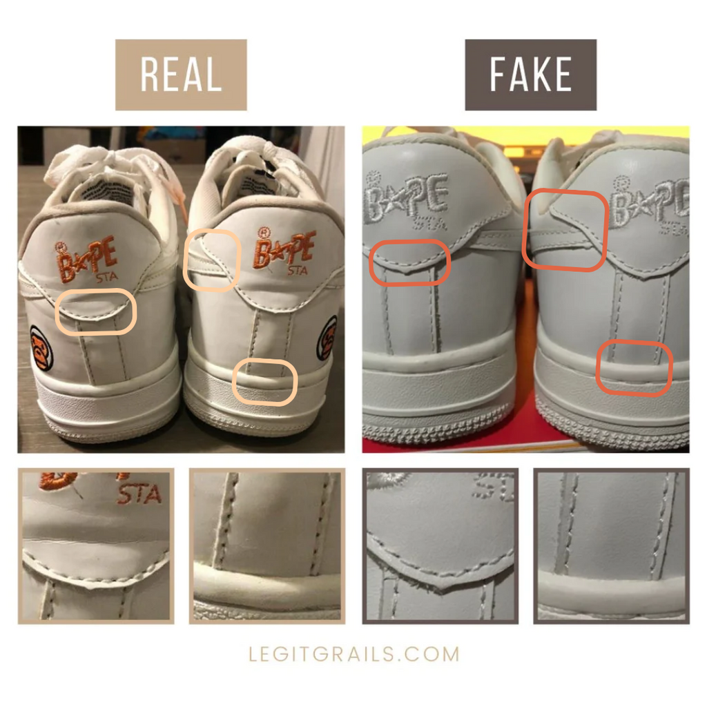 Heel area of Bape STA sneakers: real vs fake