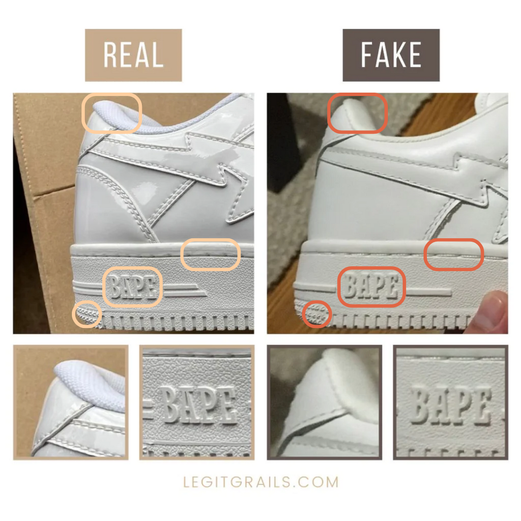 Rear heel of Bape STA sneakers: real vs fake