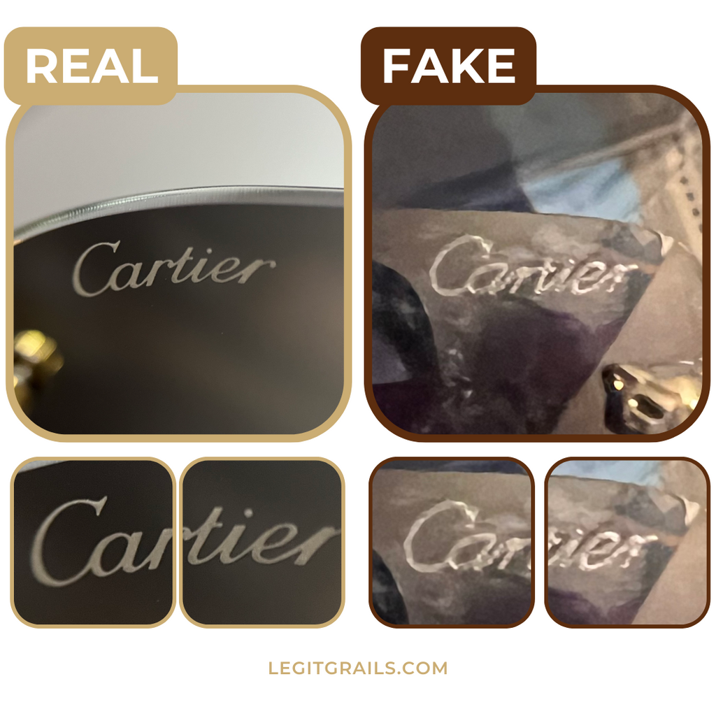 comparing authentic and replica Cartier lens logo