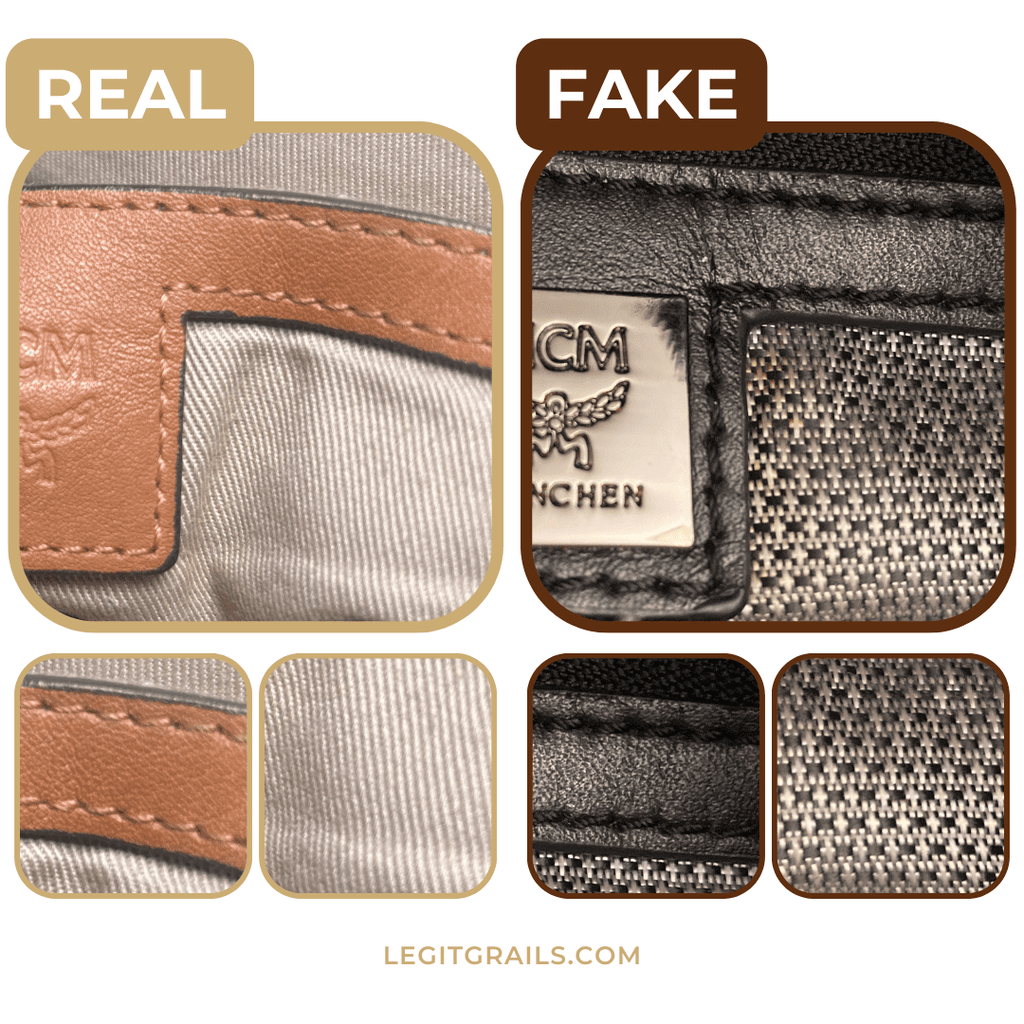comparison of real vs fake MCM backpacks stitching