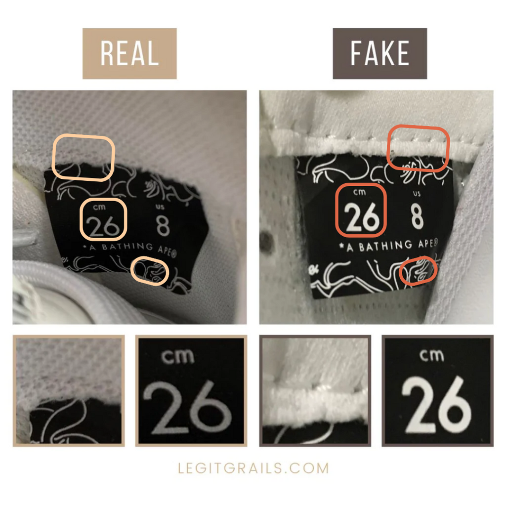 Size label of Bape STA sneakers: real vs fake