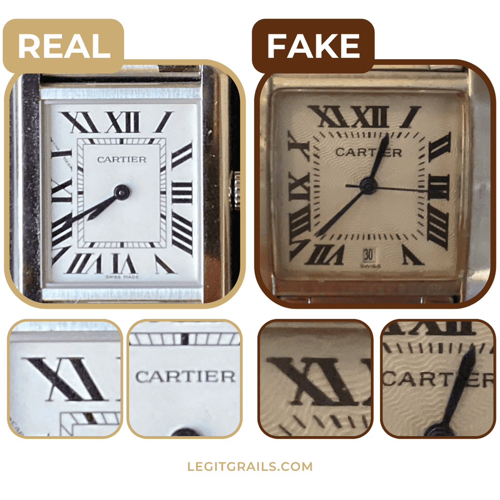 real vs fake Cartier watch face and Roman numerals