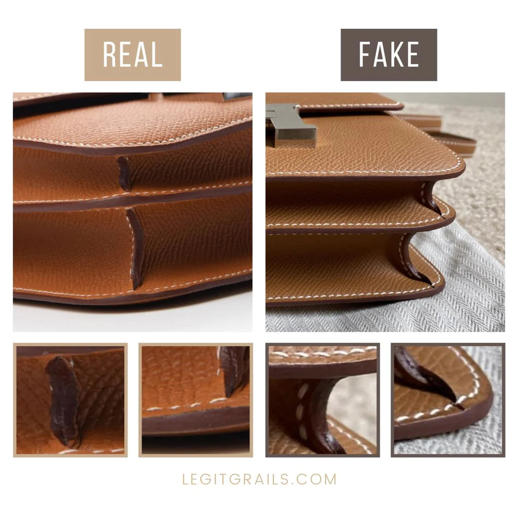 real vs fake Hermes stitching comparison