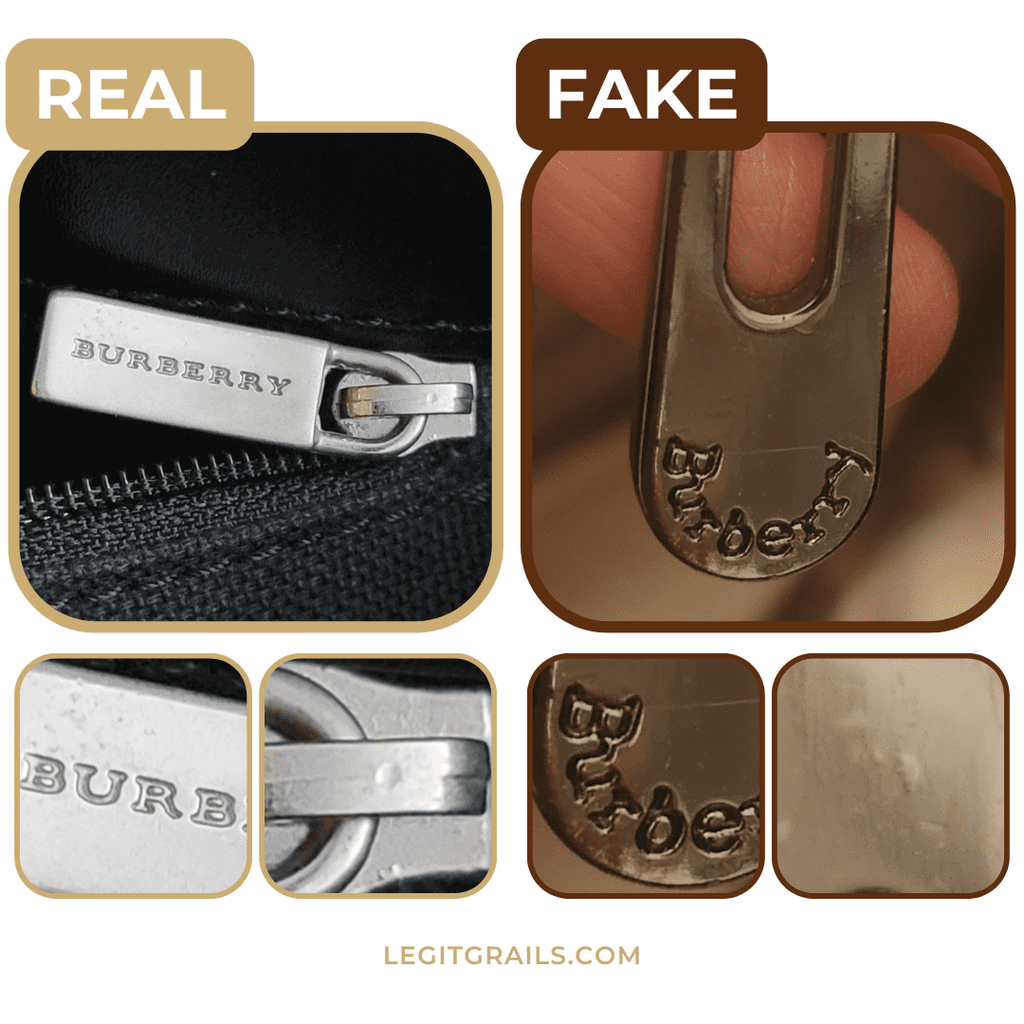 fake vs real Burberry zipper comparison