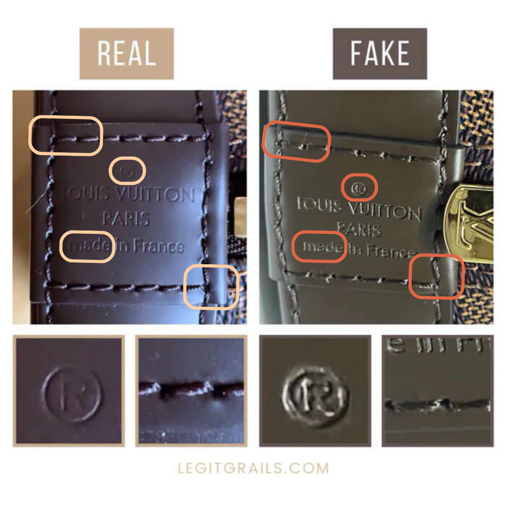 Comparison between real and fake LV square logo tabs