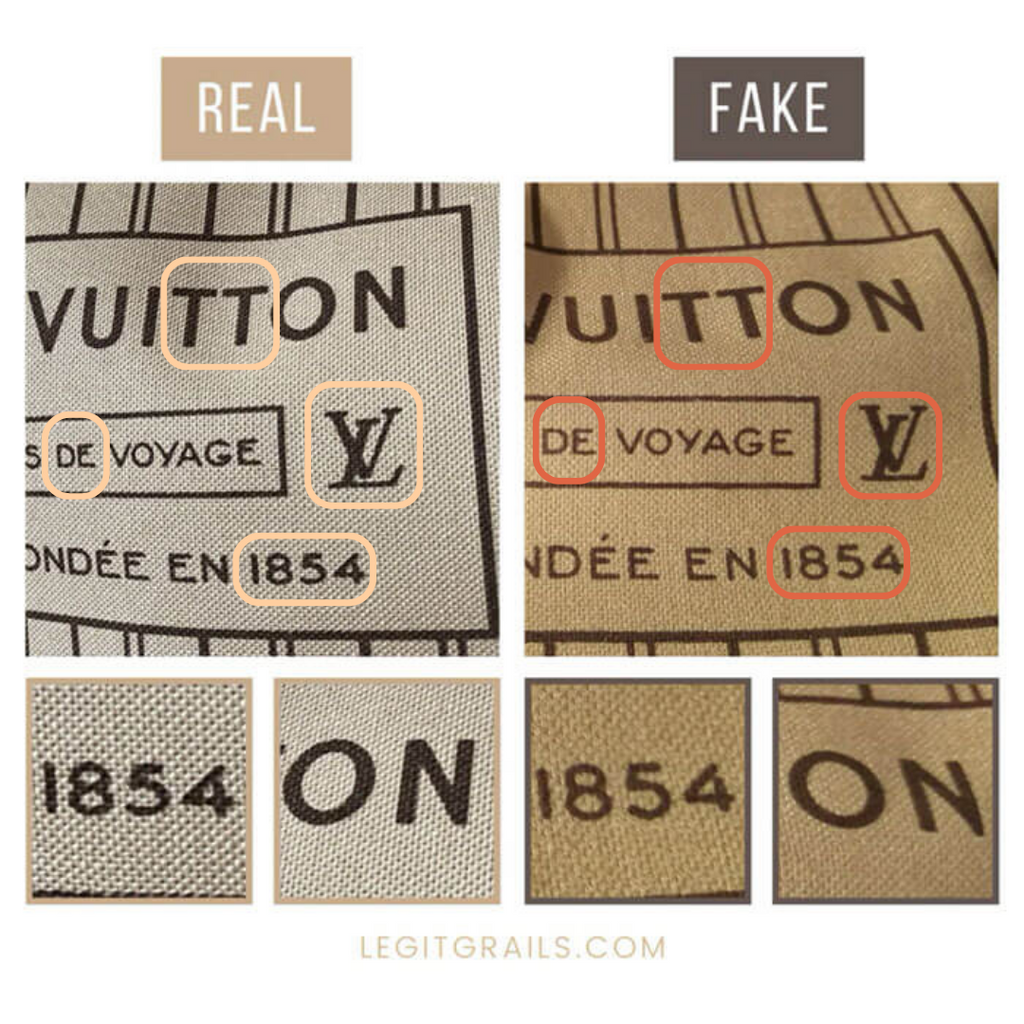 Inside canvas lining of real and fake LV bag