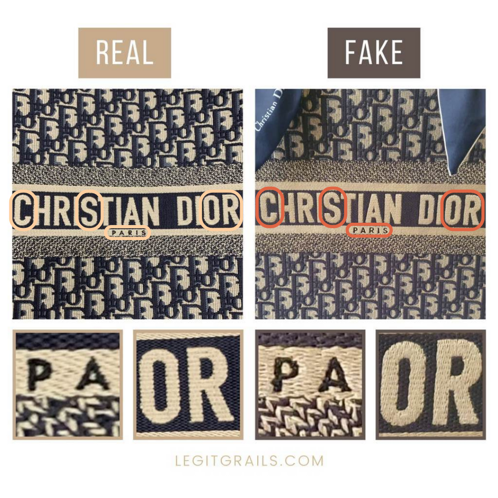 Dior Book Tote: real vs fake logo font