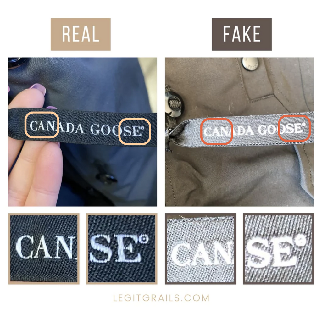 Comparison of real and fake Canada Goose jacket logo