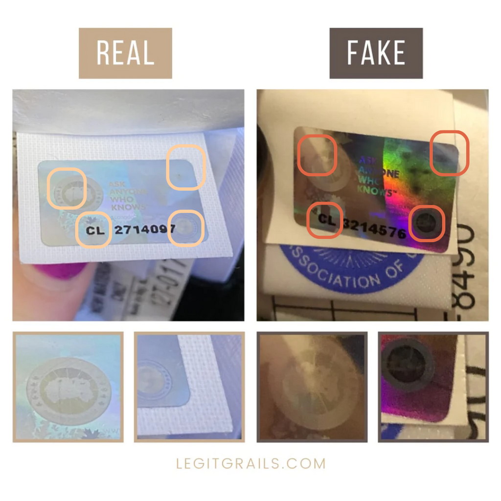 Real and fake hologram label of a Canada Goose jacket