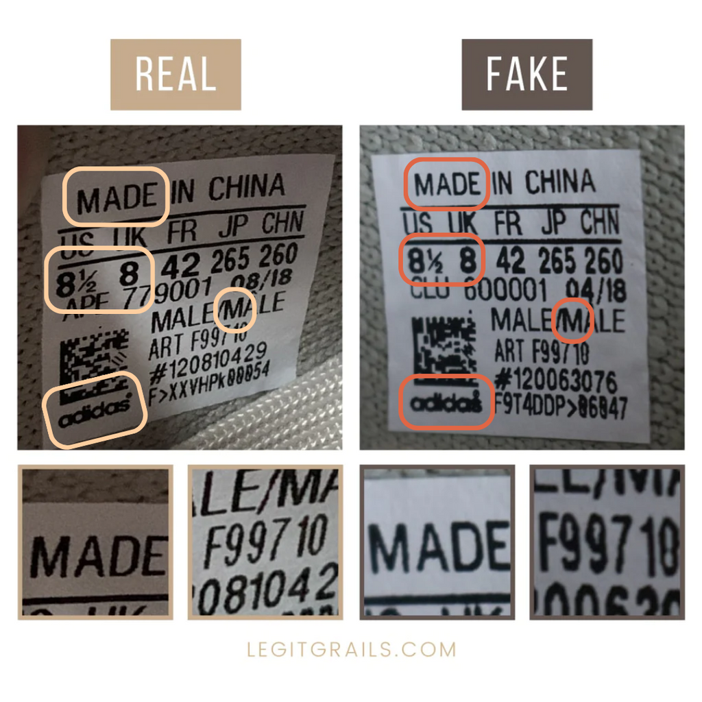 Comparing authentic and fake Yeezy 350 size tag