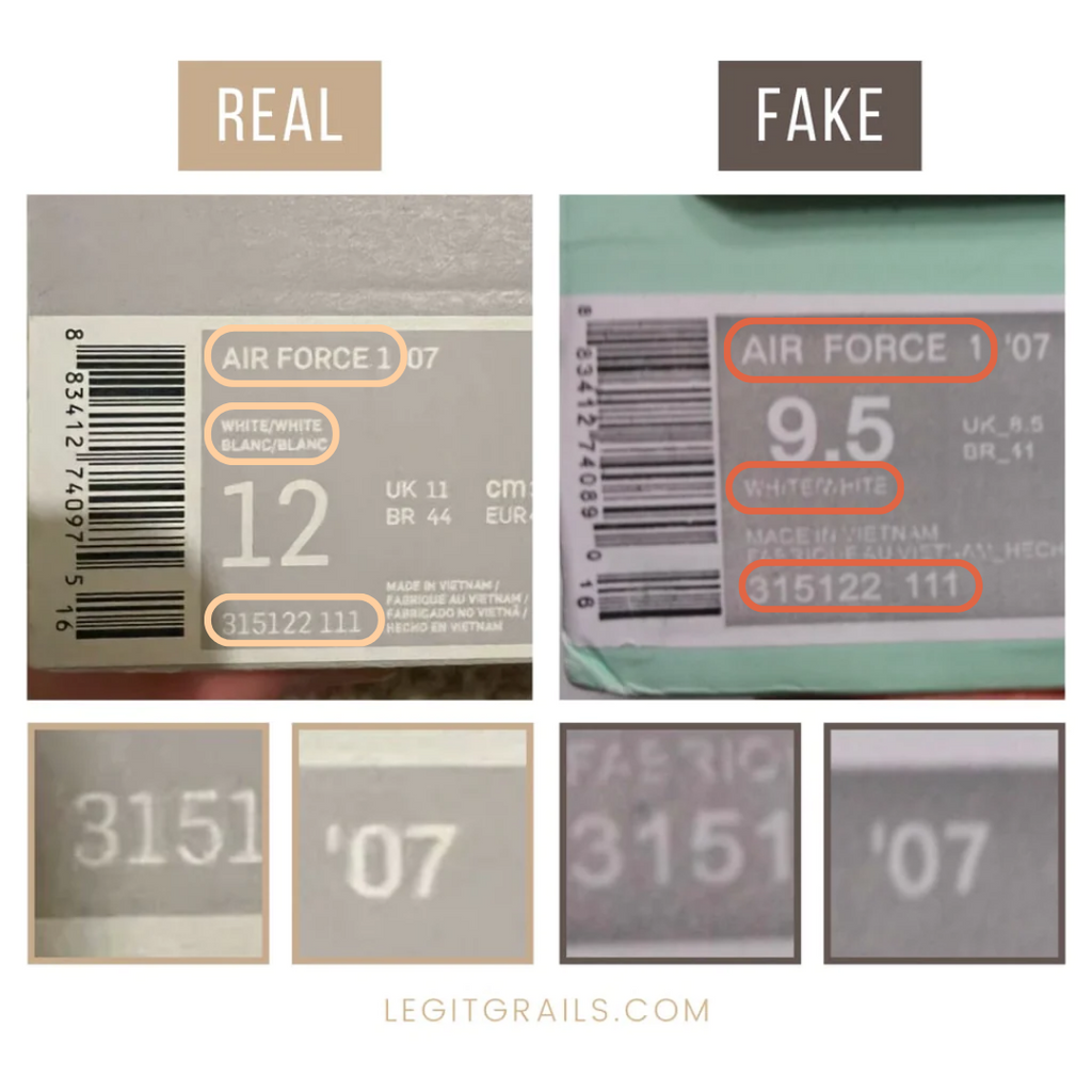 Nike Air Force 1 Low real vs fake: the box label