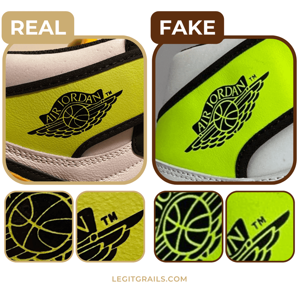 example of real vs fake Jordan 1 volt gold logo comparison