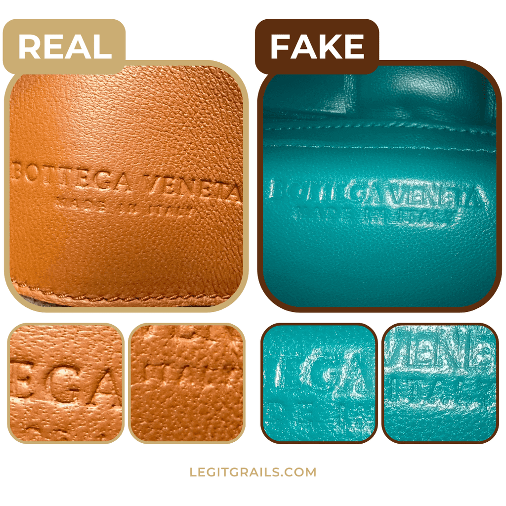 Bottega Veneta fake vs real logo stamp