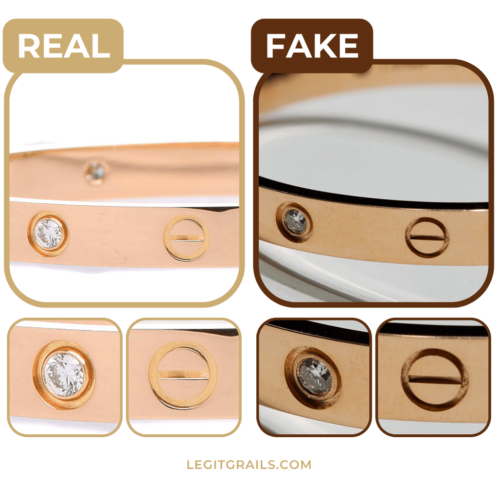 real vs fake comparison of screws on Cartier bracelets