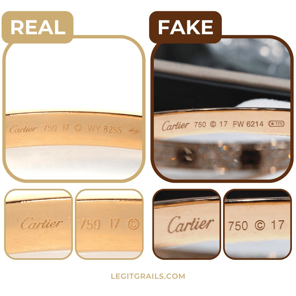 an example of real vs. fake Cartier bracelet stamps