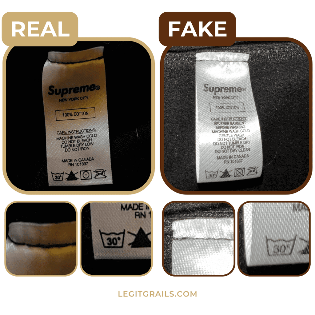 example of real vs fake Supreme wash tags