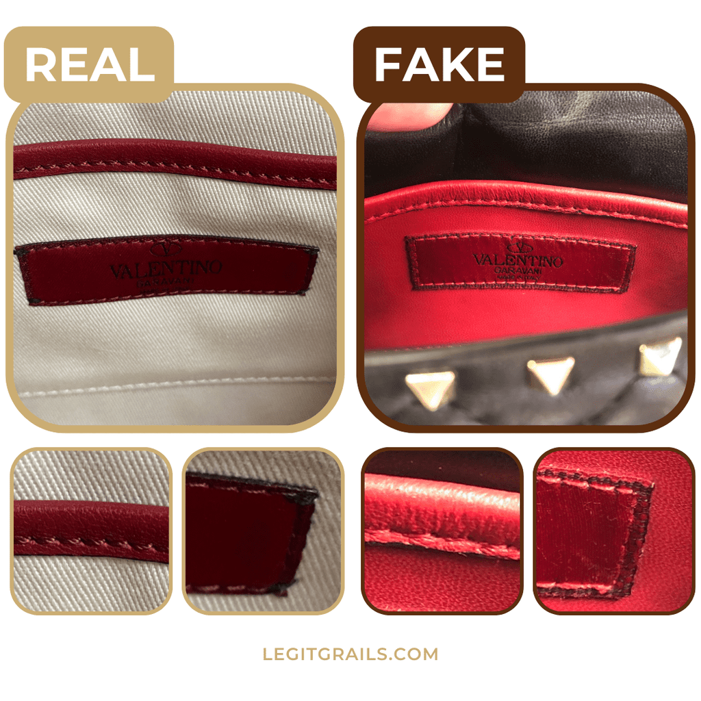 example of fake vs real stitchings on Valentino bags