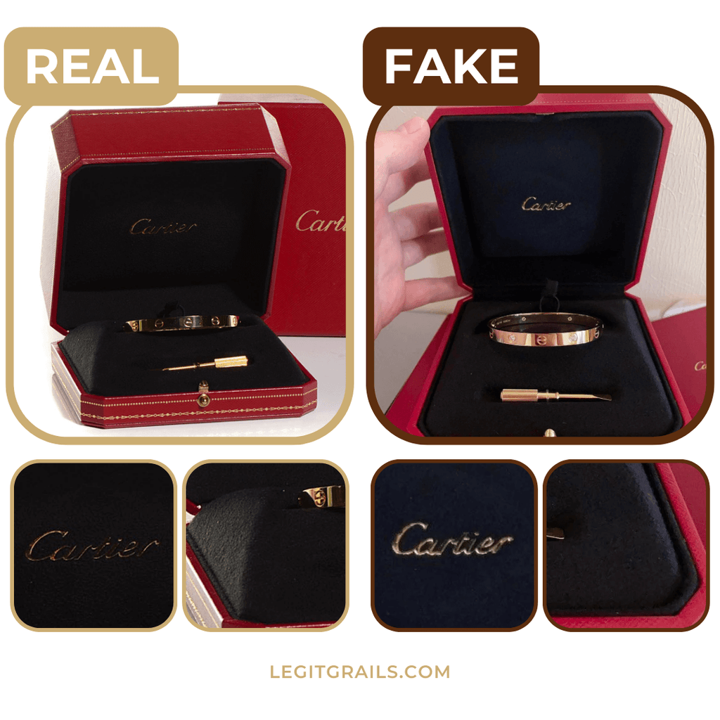 a comparison of real vs fake Cartier bracelet