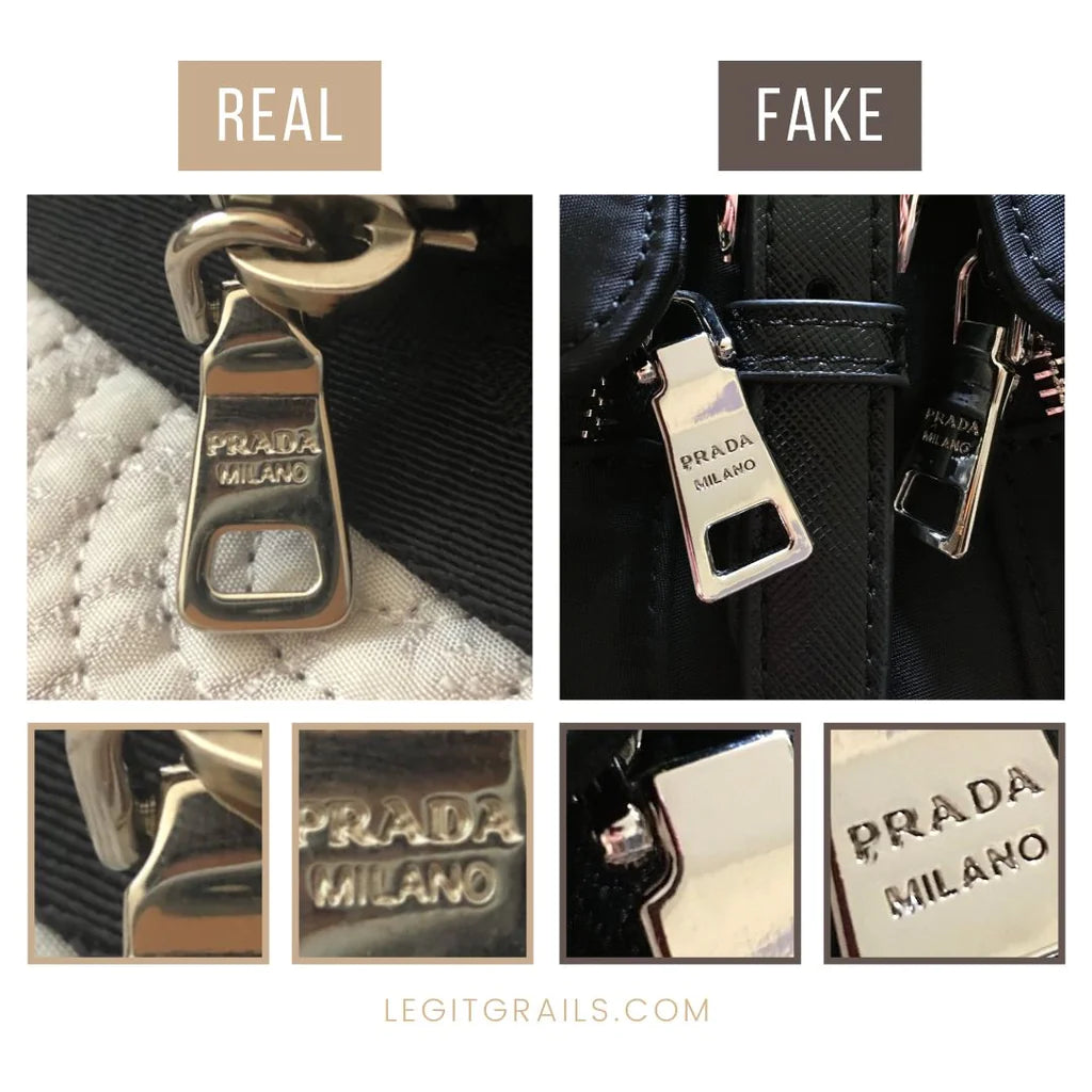 comparison of a real versus fake zipper on Prada bags
