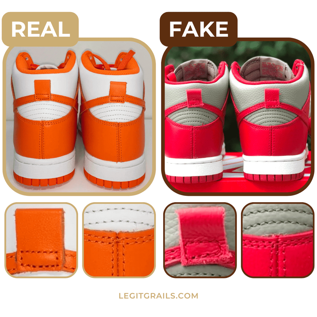 a side-by-side comparison of real vs. fake Nike Dunk High sneakers
