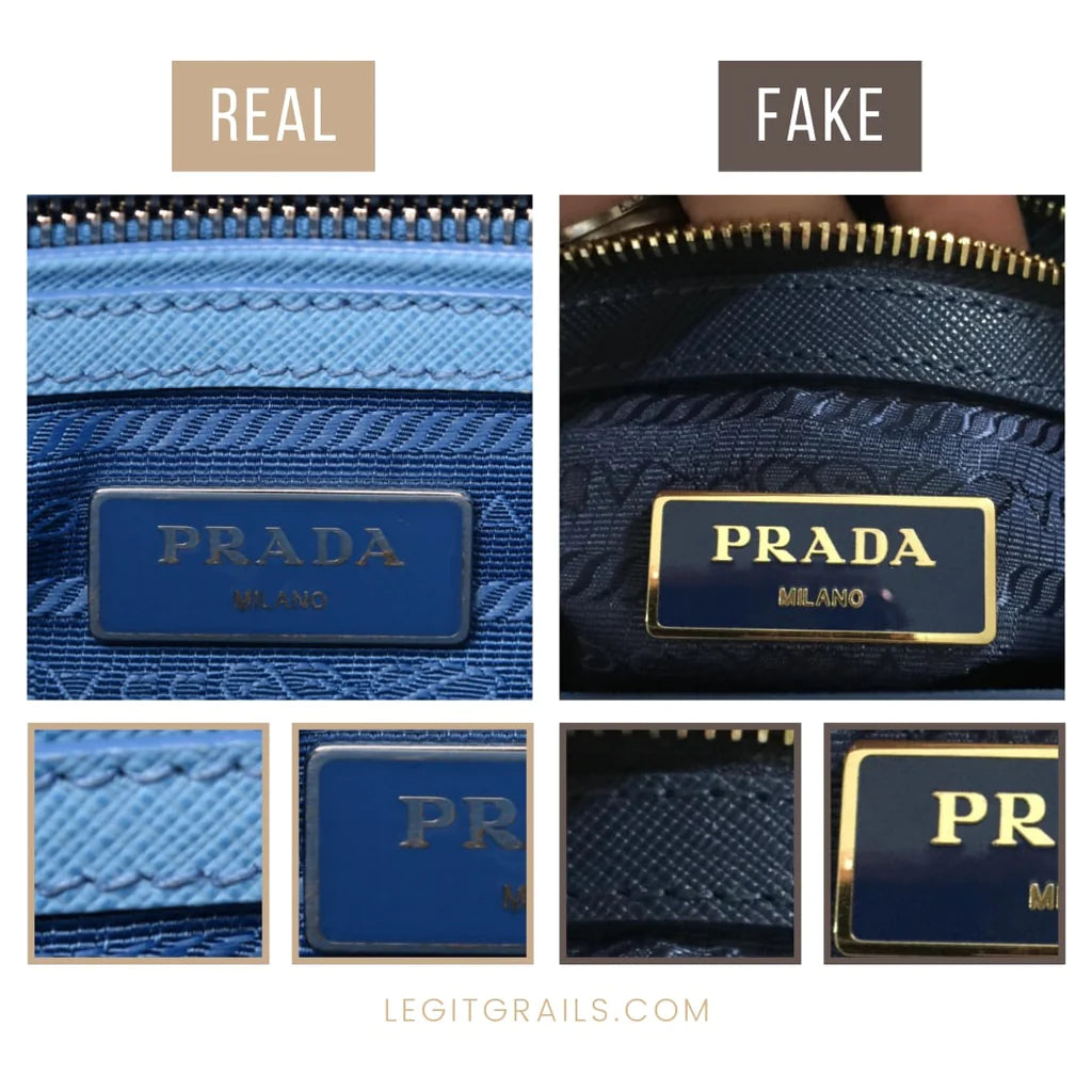 comparing the inside of a fake and real Prada bag