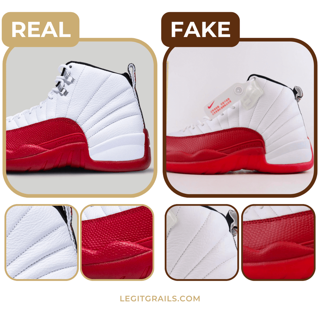 example of real vs fake Jordan 12 sneakers