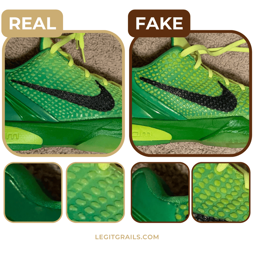 Kobe 6 Grinches real vs fake stitchings