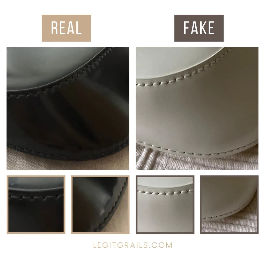 stitchings comparison on a fake vs real Prada bag
