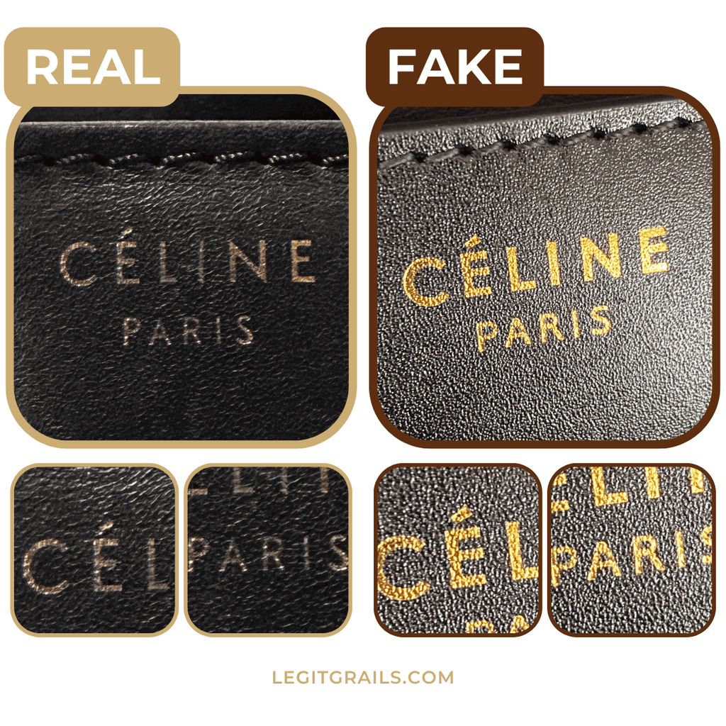 comparison of real vs. fake font on Celine bags