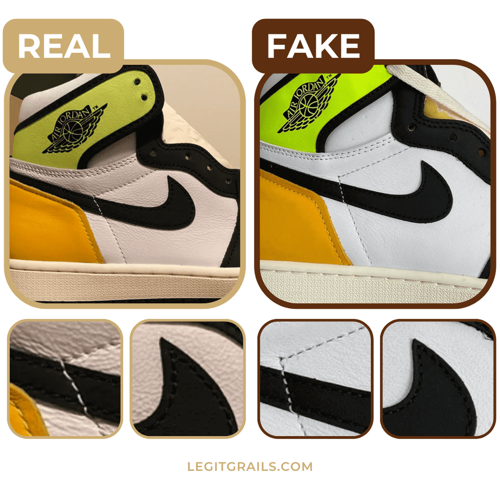 real vs fake Jordan 1 Volt Gold swoosh logo