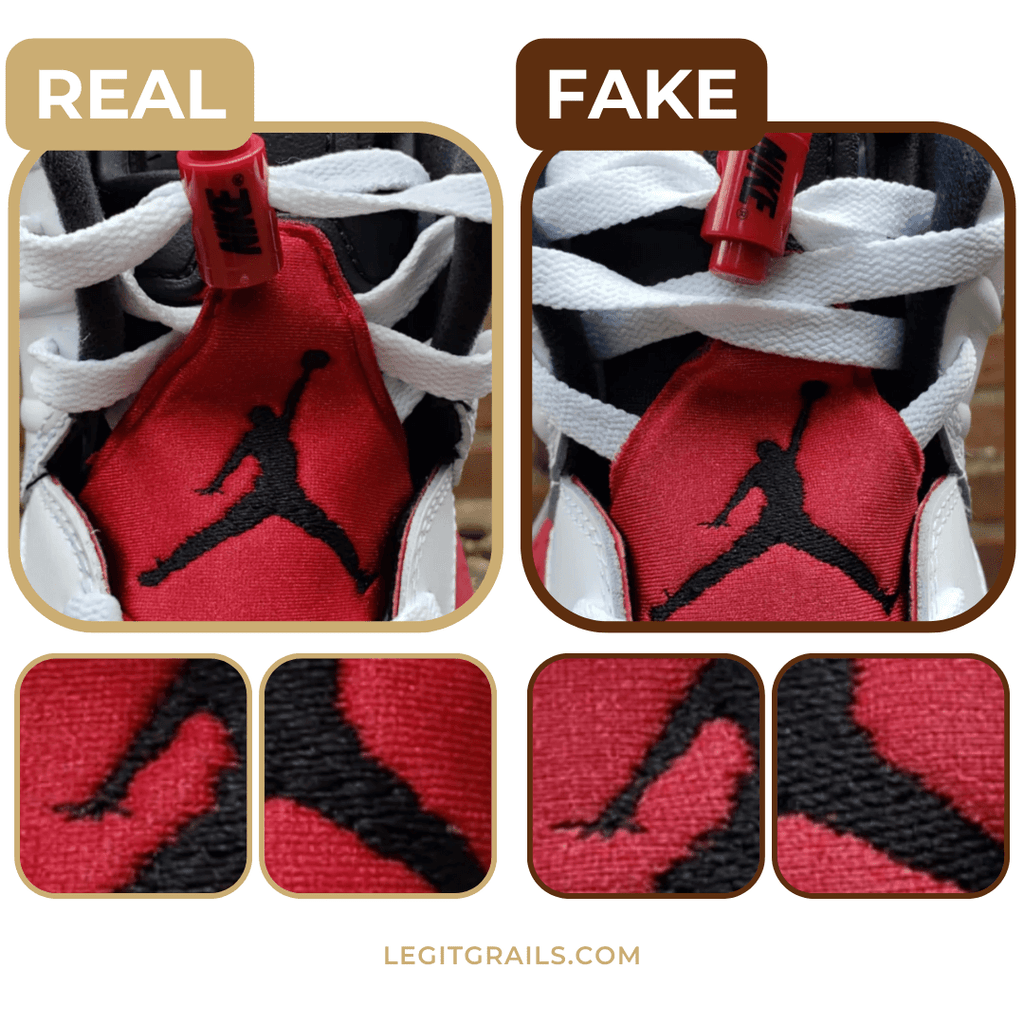 an example of fake versus real Jumpman Logo on Jordan 6 shoes