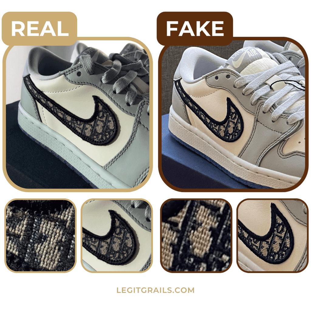 comparison of real vs. fake Dior Swoosh