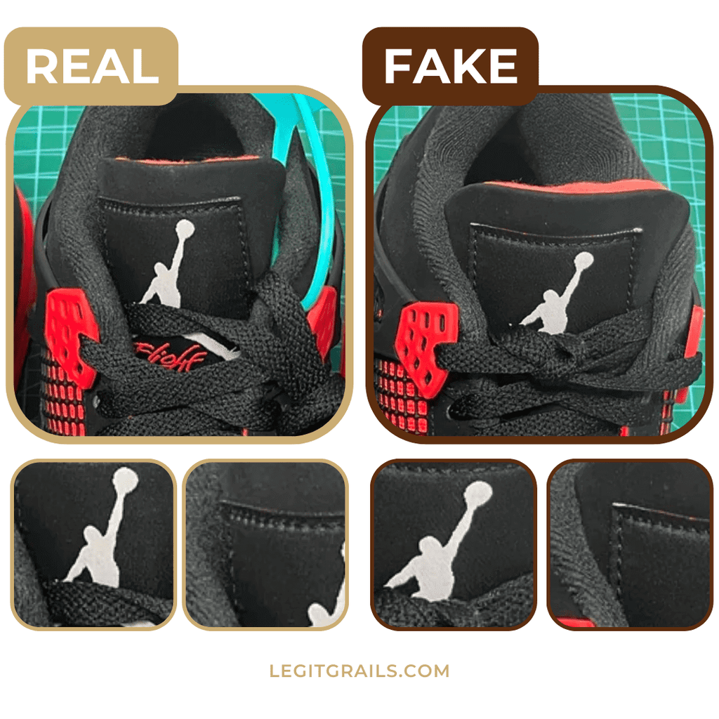 Jordan 4 red thunders fake vs real tongue label