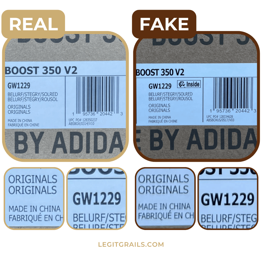 comparison of real vs fake shoe box for Yeezys Beluga