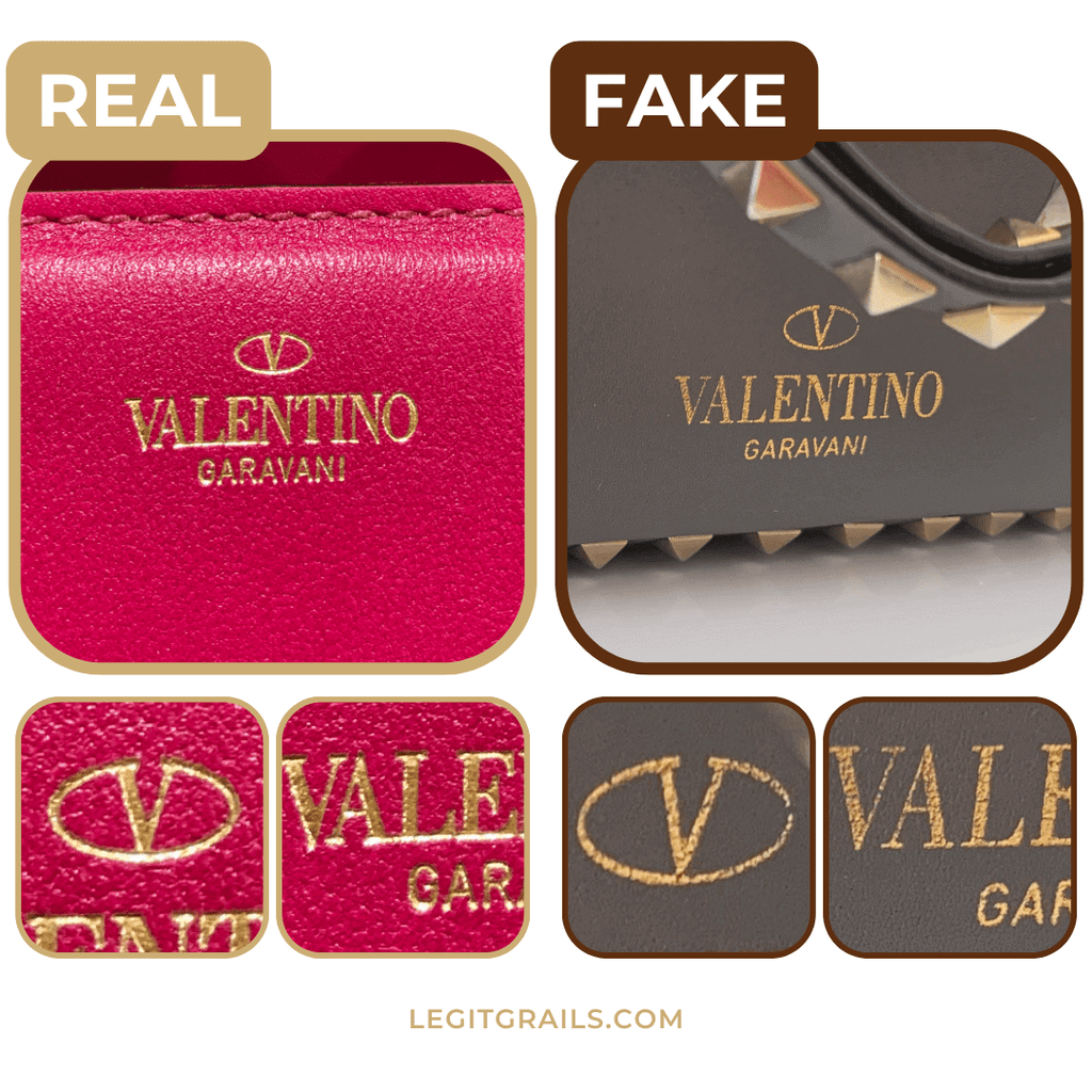 a comparison of real vs fake Valentino bag hardware details