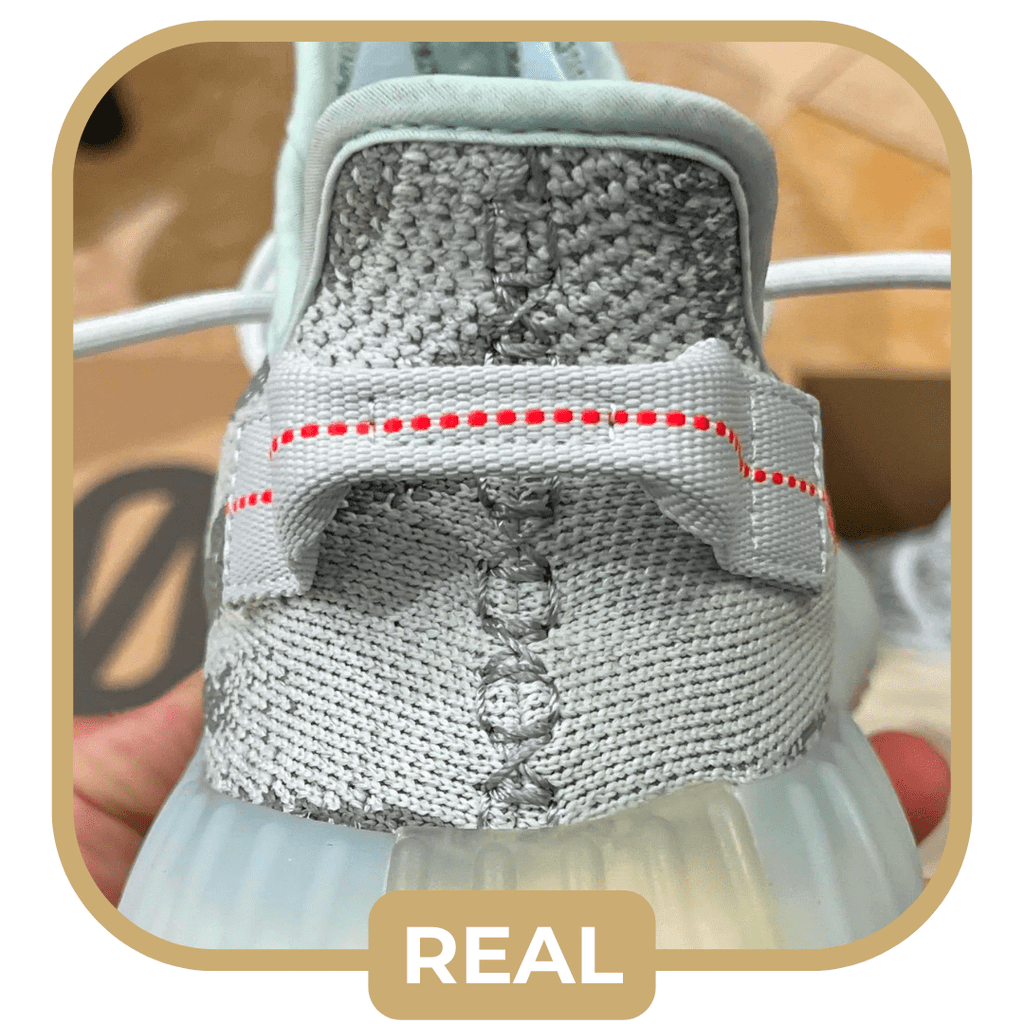 an example of genuine heel stitching on Blue Tint Yeezys