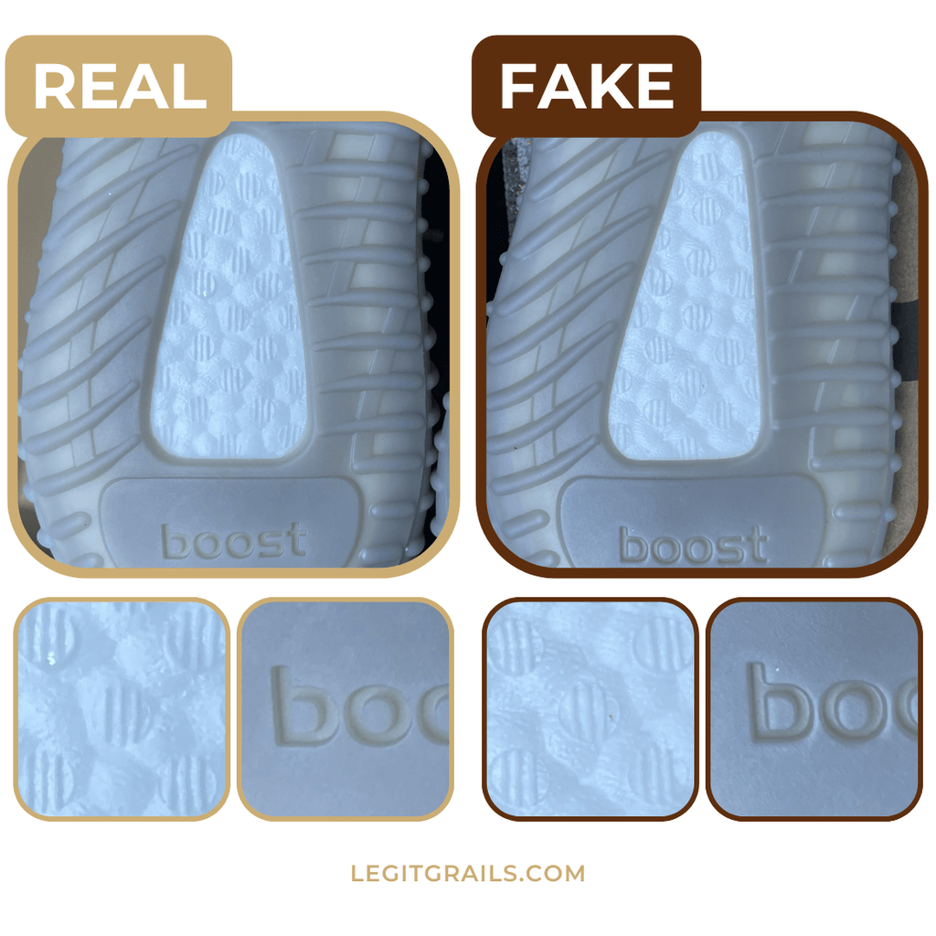 fake vs. real Yeezy v2 Beluga boost sole examples