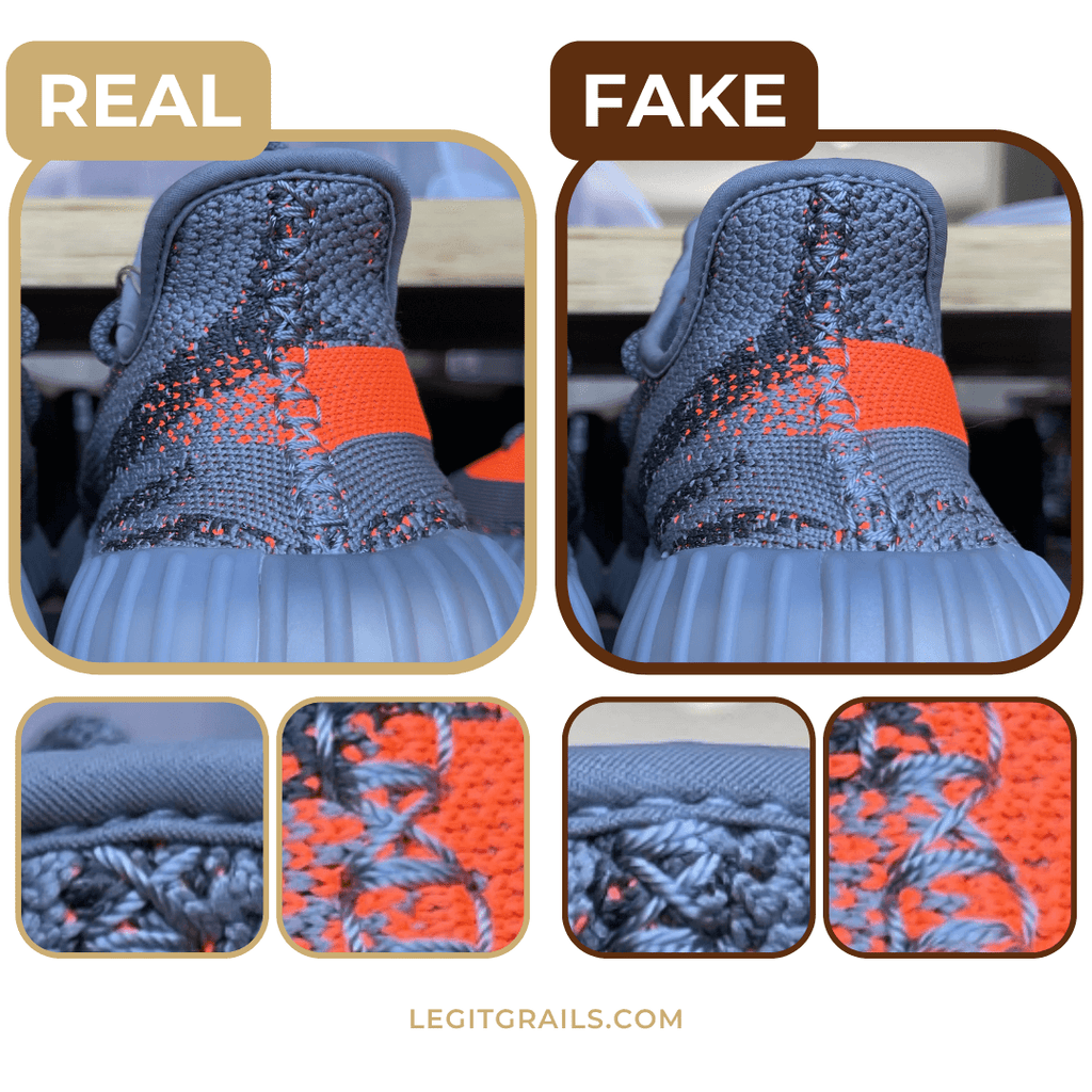 Real vs. fake heel stitching on Yeezy Beluga